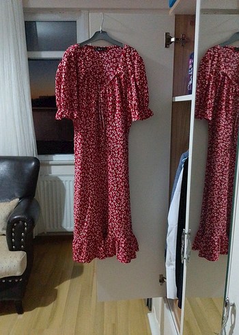 Kırmızı V Yaka Düğmeli Günlük Elbise - Görsel 2