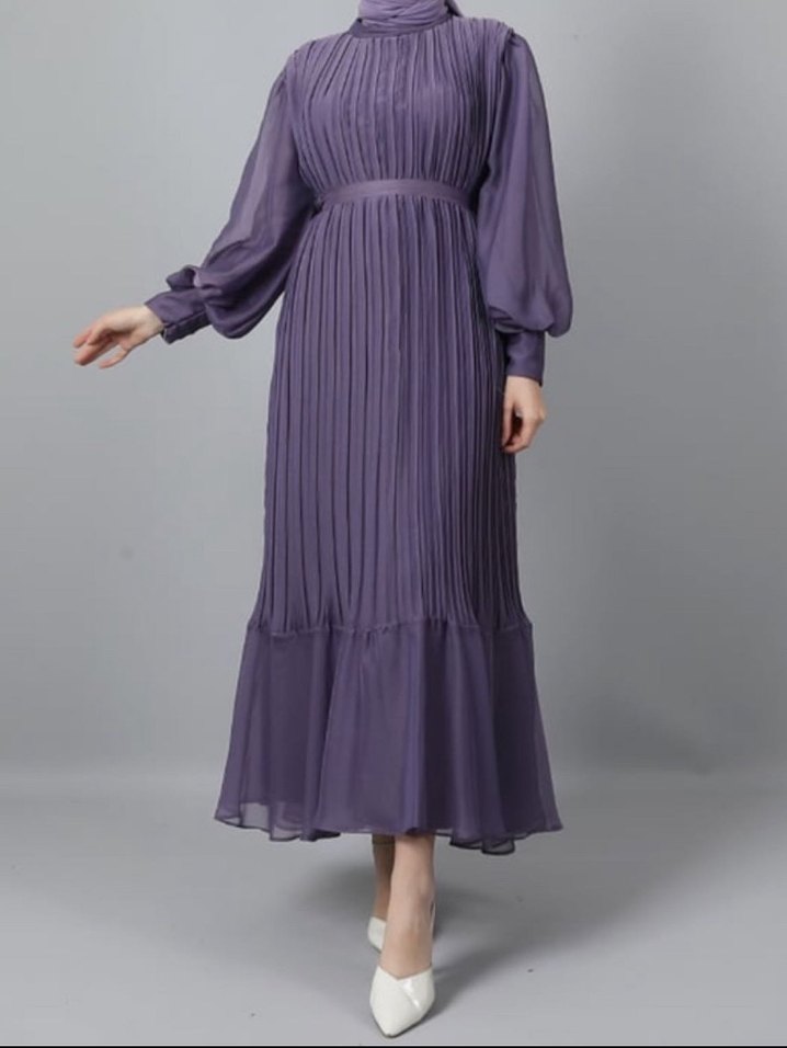 Uzun Piliseli Mor Kadın Elbise - Görsel 2