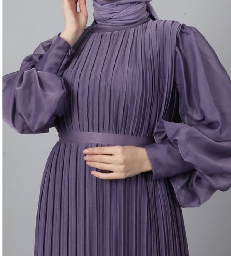 Uzun Piliseli Mor Kadın Elbise - Görsel 3