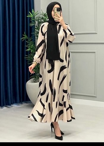 Bej Zebra Desenli Uzun Salaş Elbise