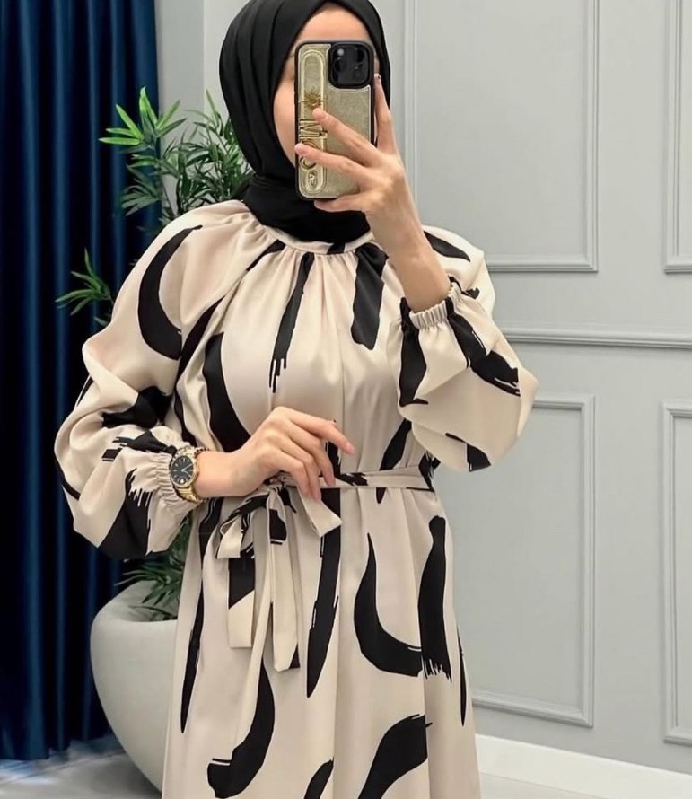 Bej Zebra Desenli Uzun Salaş Elbise - Görsel 2