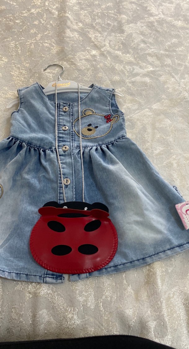 Nakışlı Düğmeli Kot Kız Çocuk Elbise - Görsel 3