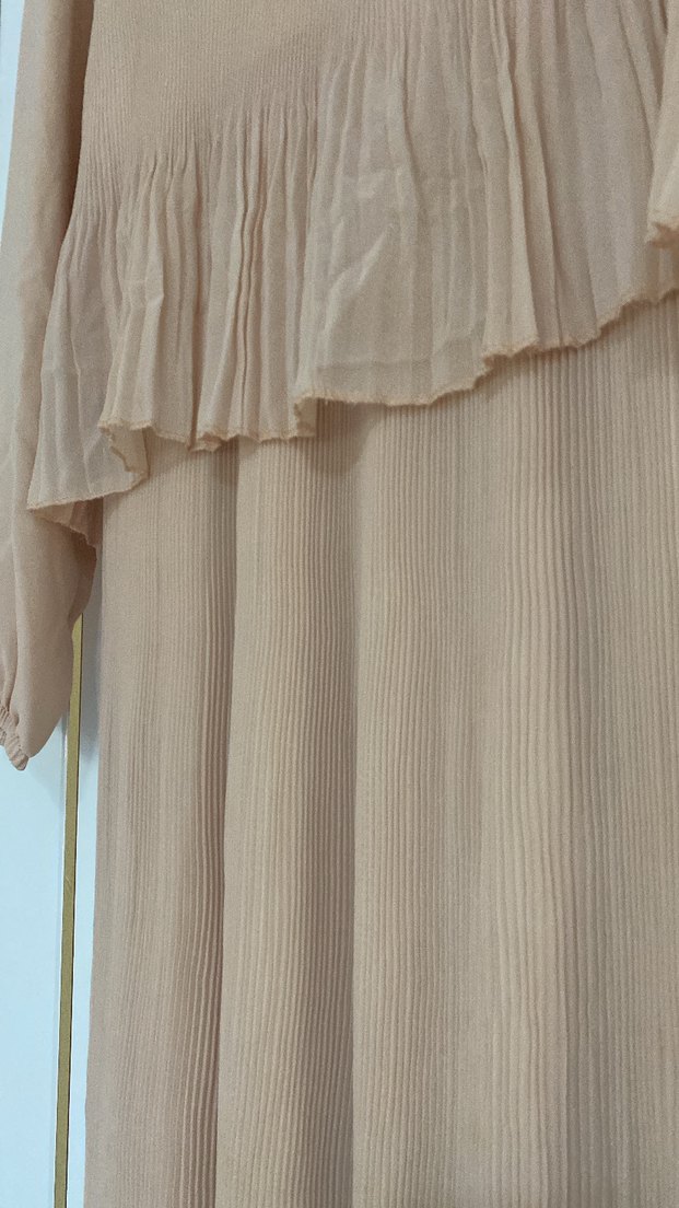 Bej Uzun Kollu Pilili Keten Elbise - Görsel 2