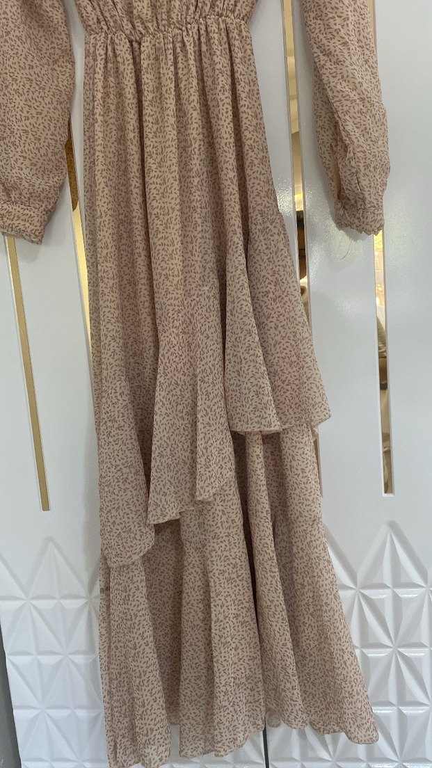 Bej Uzun Kollu Yılan Desenli Elbise - Görsel 2