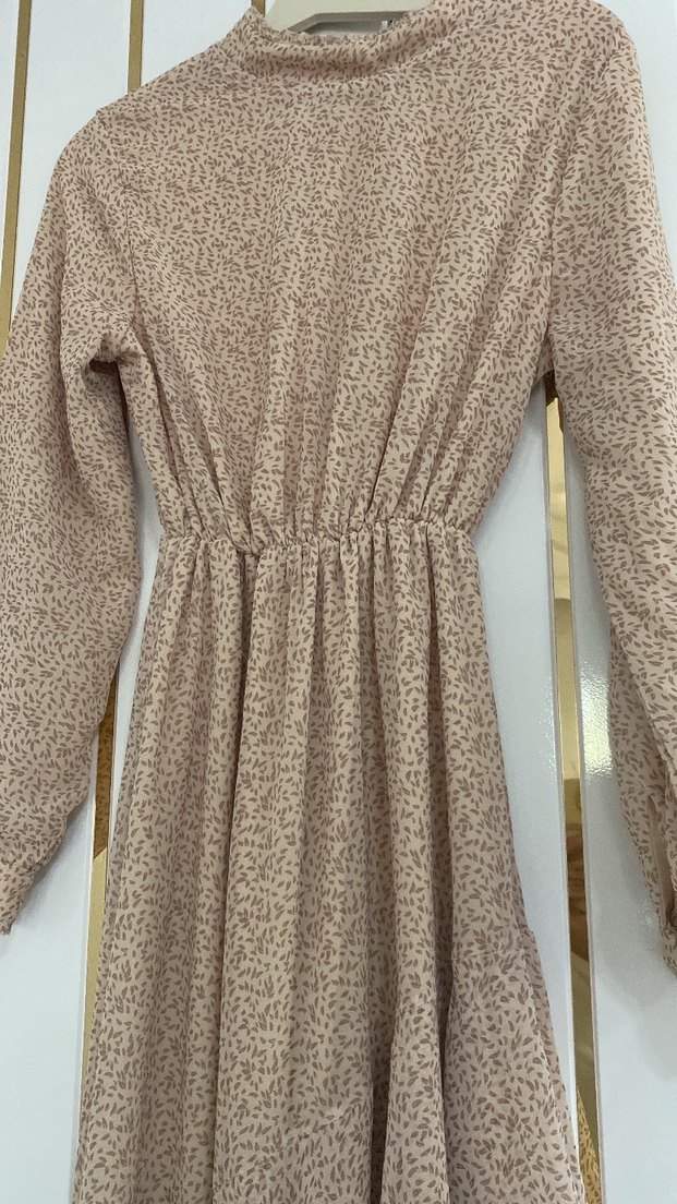 Bej Uzun Kollu Yılan Desenli Elbise - Görsel 3