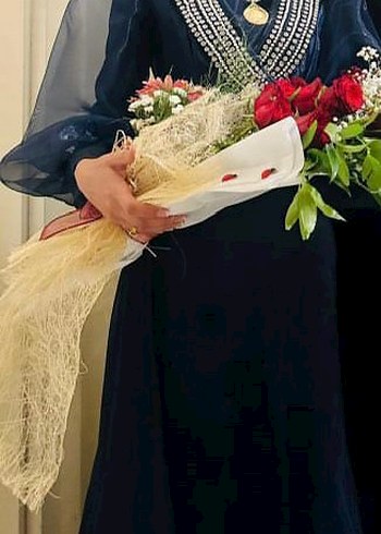 Uzun balon kol lacivert abiye - Görsel 2