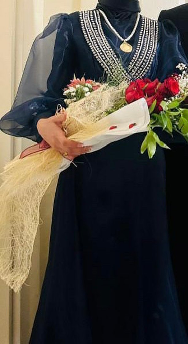 Uzun balon kol lacivert abiye - Görsel 2