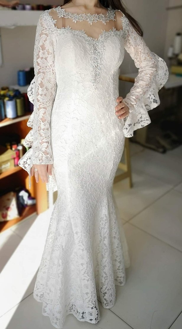 Dantel Detaylı Uzun Kollu Beyaz Balık Elbise - Görsel 2