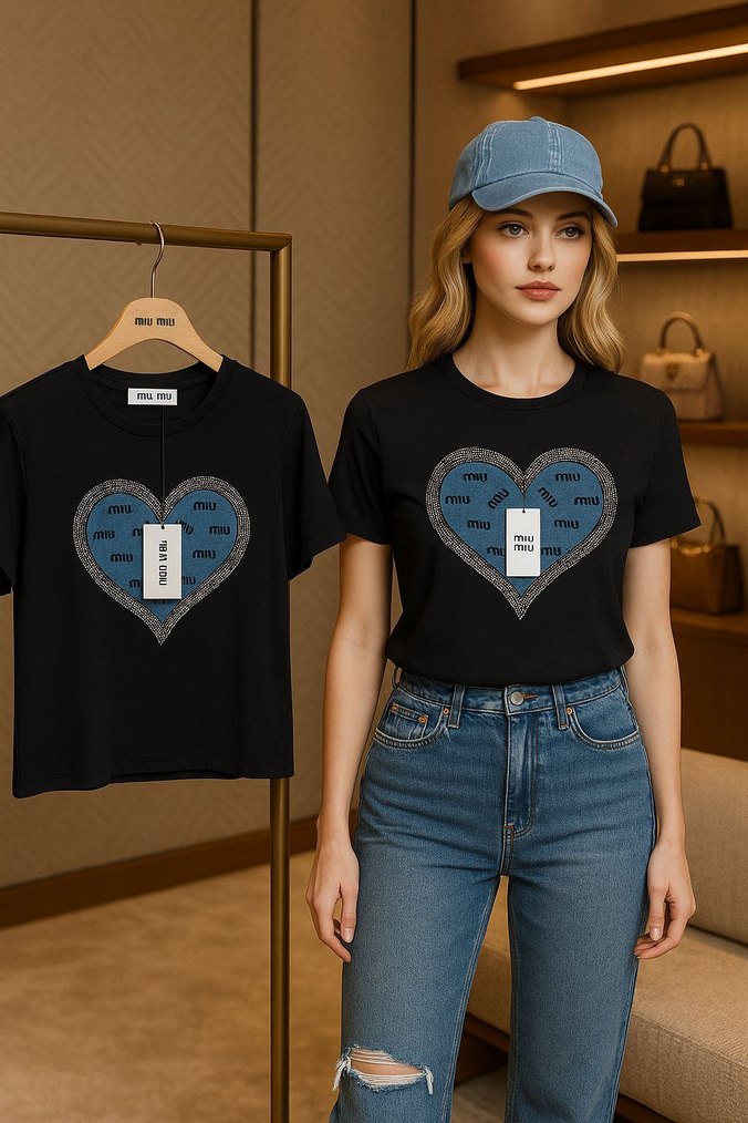 Miu miu siyah Kısa Denim Tişört - Görsel 2