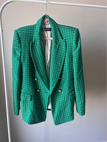 Zara yeşil kareli kruvaze ceket