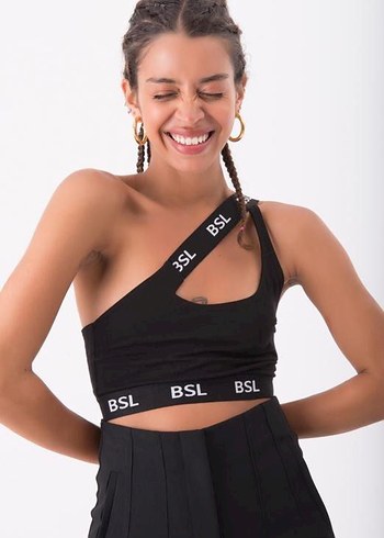 BSL FASHION BSL Siyah Straplez Bantlı Crop Top