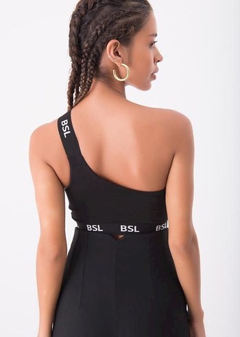 xs Beden BSL Siyah Straplez Bantlı Crop Top