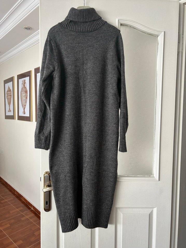 Gri Uzun Boğazlı Kadın triko elbise - Görsel 2