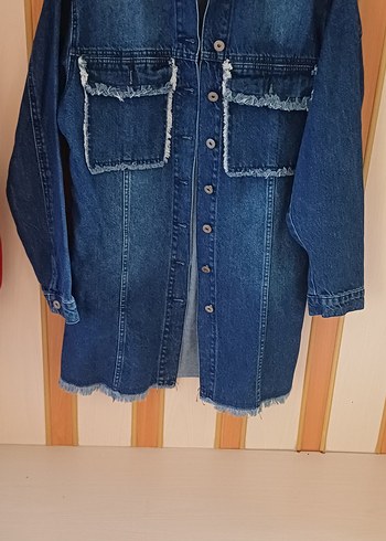 Düğmeli Uzun Mavi Kadın Denim Ceket