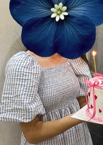 s Beden mavi Renk Mavi Kısa Kollu Balon kol elbise
