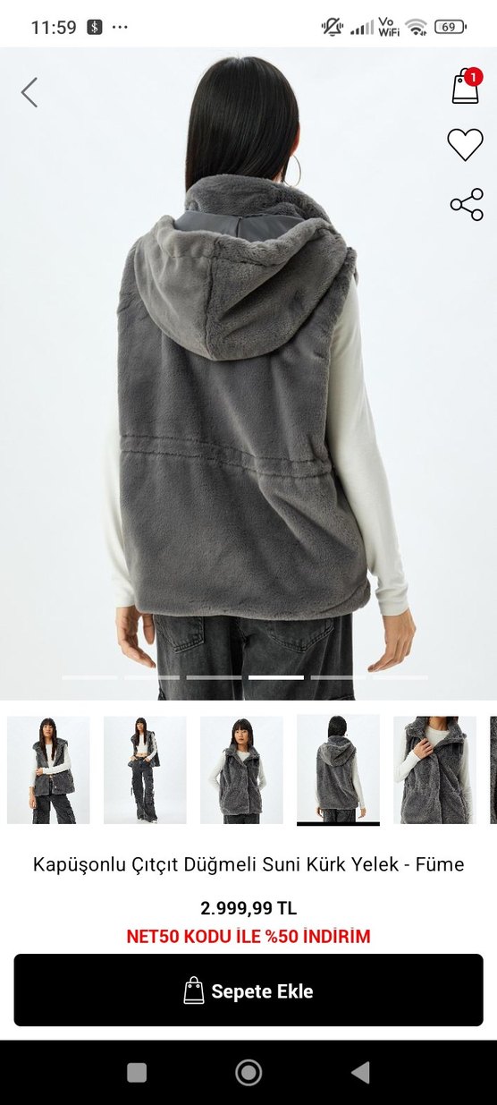 Füme Kapüşonlu Suni Kürk Yelek - Görsel 2