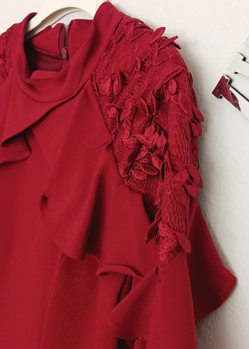 38 Beden Bordo Uzun Kollu Fırfırlı Gotik Elbise