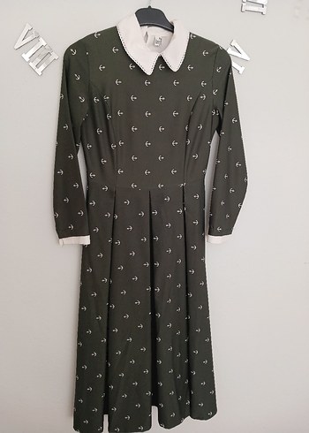 m Beden gri Renk Beyaz Vintage Baskılı Uzun Kollu Elbise