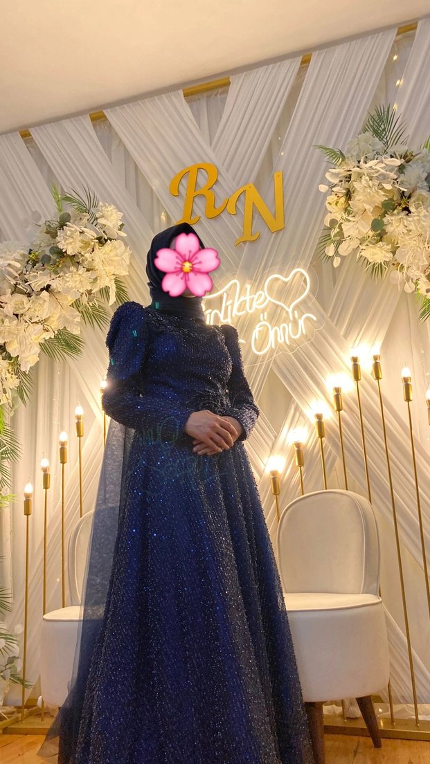 Lacivert Nakışlı Uzun Kollu Abiye Elbise - Görsel 2