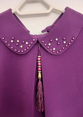 Püsküllü, Uzun Kollu Mor Kadın Gömlek - Görsel 2