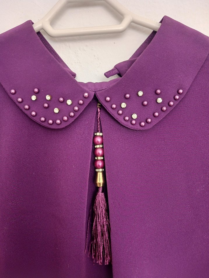 Püsküllü, Uzun Kollu Mor Kadın Gömlek - Görsel 2