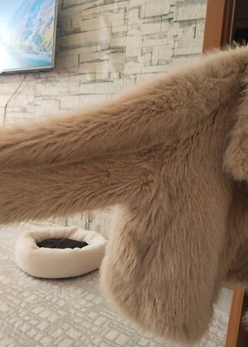 Bej Peluş Kadın Midi Kürk Ceket - Görsel 4