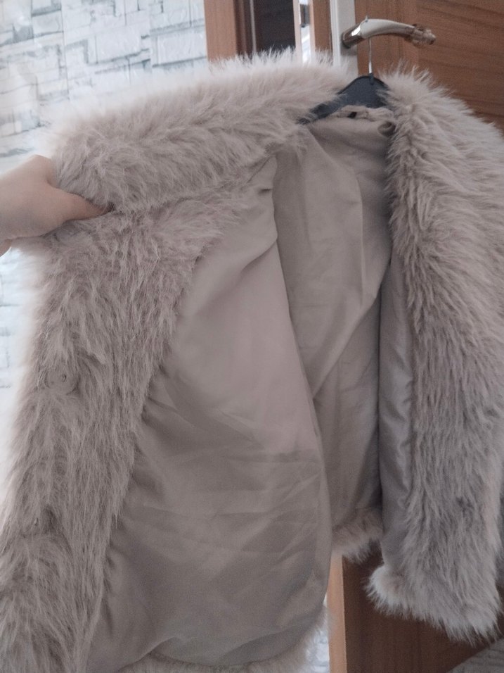 Bej Peluş Kadın Midi Kürk Ceket - Görsel 5