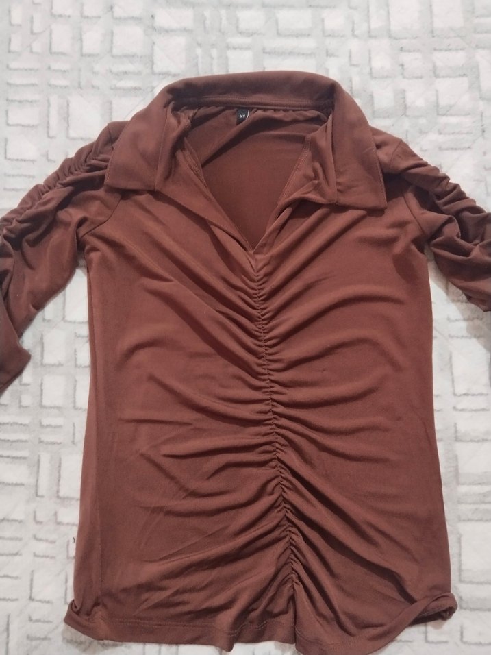 Kahverengi V Yakalı Uzun Kollu Bluz - Görsel 2