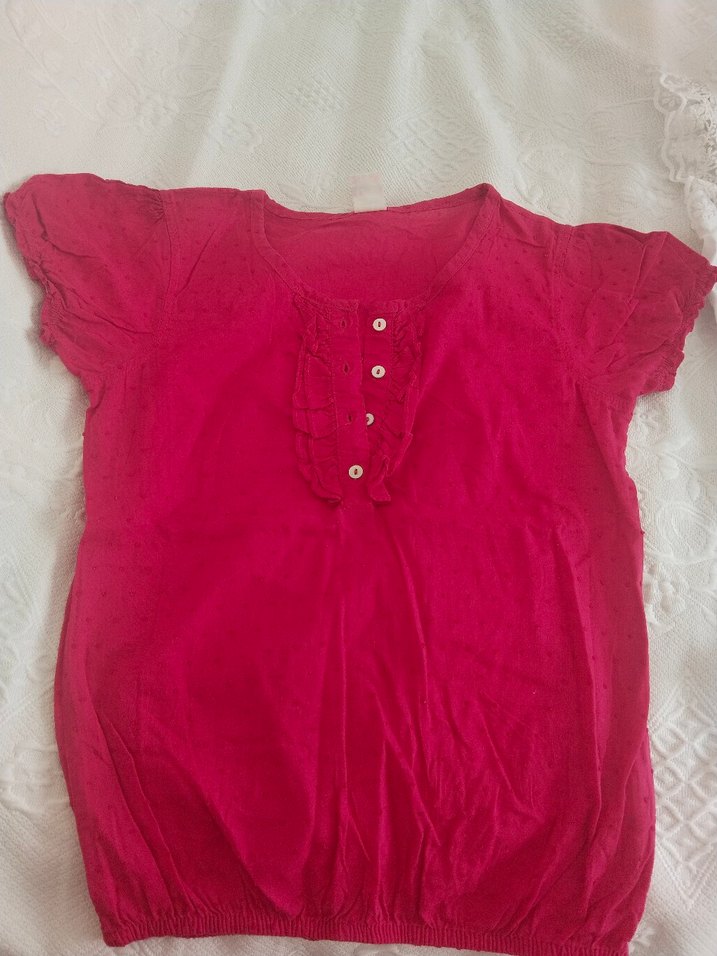 Kız Çocuk Kısa Kollu Pembe Keten Bluz - Görsel 3