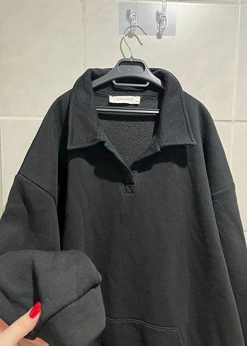 Kadın Siyah yakalı sweat üç iplik kalın - Görsel 4