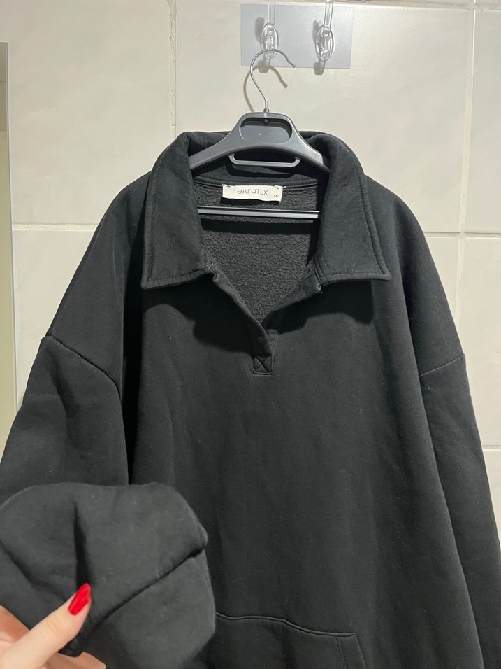 Kadın Siyah yakalı sweat üç iplik kalın - Görsel 4