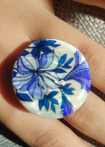 Sedefli Mavi Çiçek Desenli Bohem Kadın Yüzük - Görsel 2