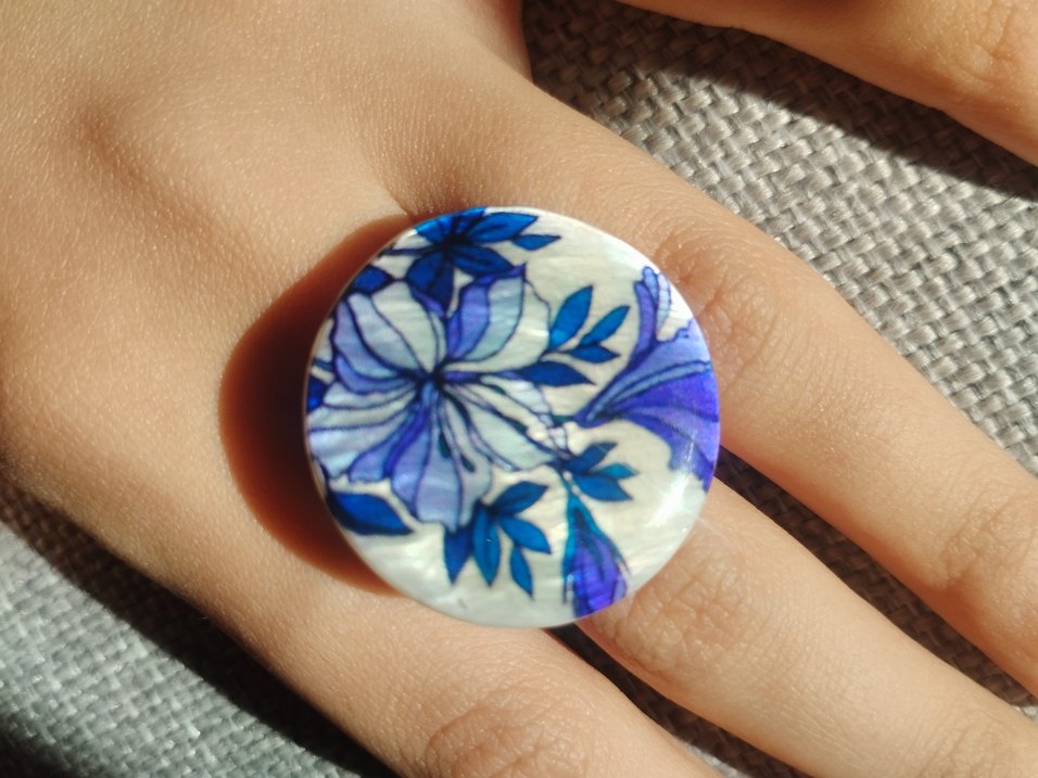 Sedefli Mavi Çiçek Desenli Bohem Kadın Yüzük - Görsel 2