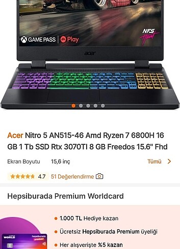 Acer Acer Nitro AN515-46 HERŞEYİ AÇIKLAMADA YAZİYOR SİFİRİ 50.BİN TL