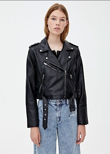 Pull and Bear Siyah Kadın Deri Biker Ceket