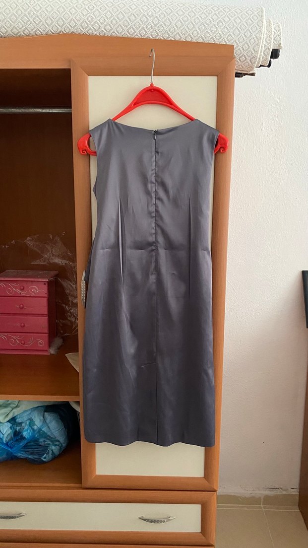 Gri Drapeli Midi Kadın Abiye Elbise - Görsel 2