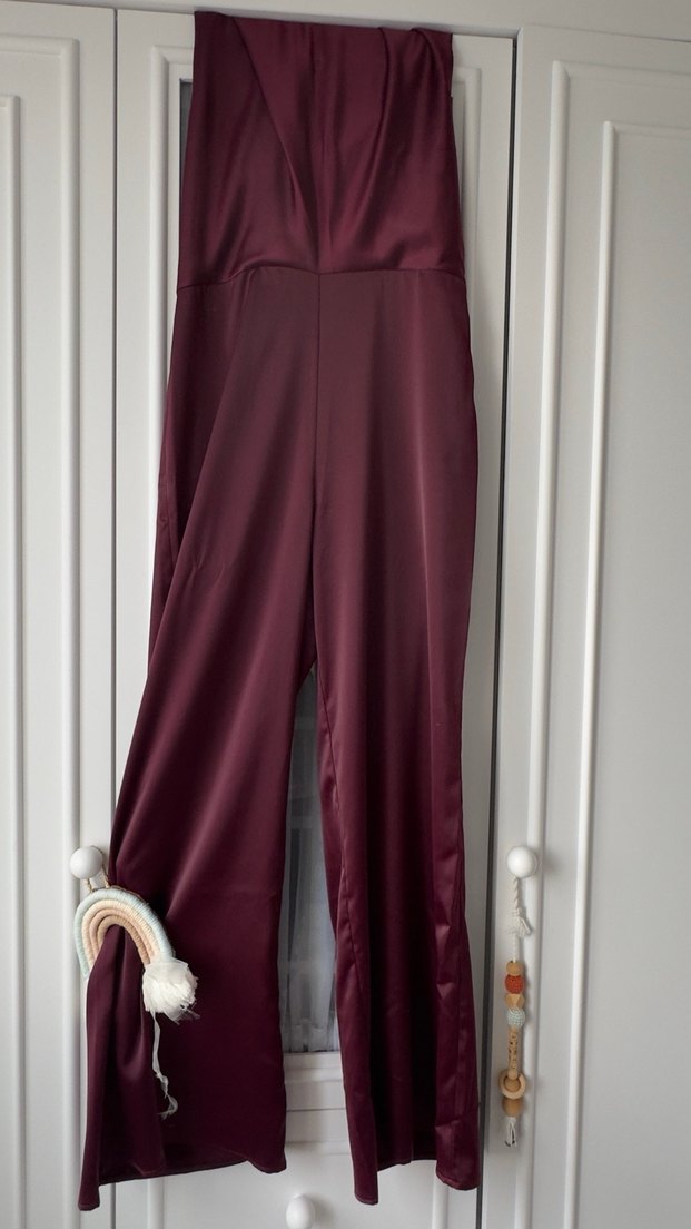 Bordo Drapeli Straplez Kadın Tulum - Görsel 3