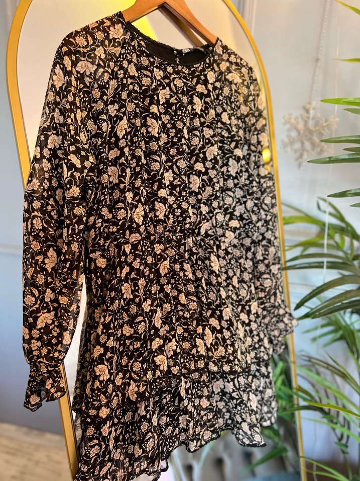 Zara Uzun Kollu Siyah Desenli Bohem Midi Elbise - Görsel 2