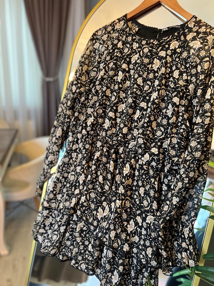 Zara Uzun Kollu Siyah Desenli Bohem Midi Elbise - Görsel 3