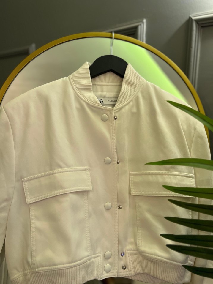 Beyaz Kadın Midi Bomber Ceket - Görsel 3