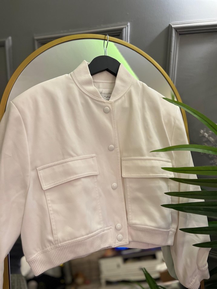 Beyaz Kadın Midi Bomber Ceket - Görsel 2