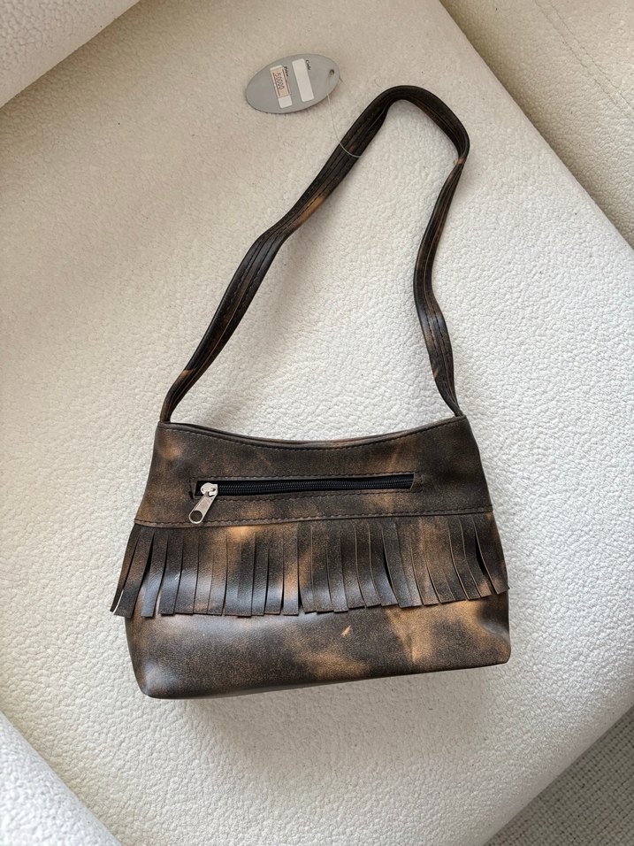 Püsküllü Kahverengi Deri Kadın Çanta - Görsel 2