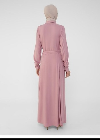 Diğer Uzun Kollu Düğmeli Pudra Pembe Uzun Elbise