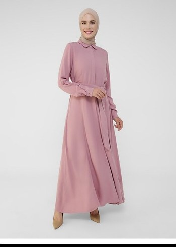 Uzun Kollu Düğmeli Pudra Pembe Uzun Elbise