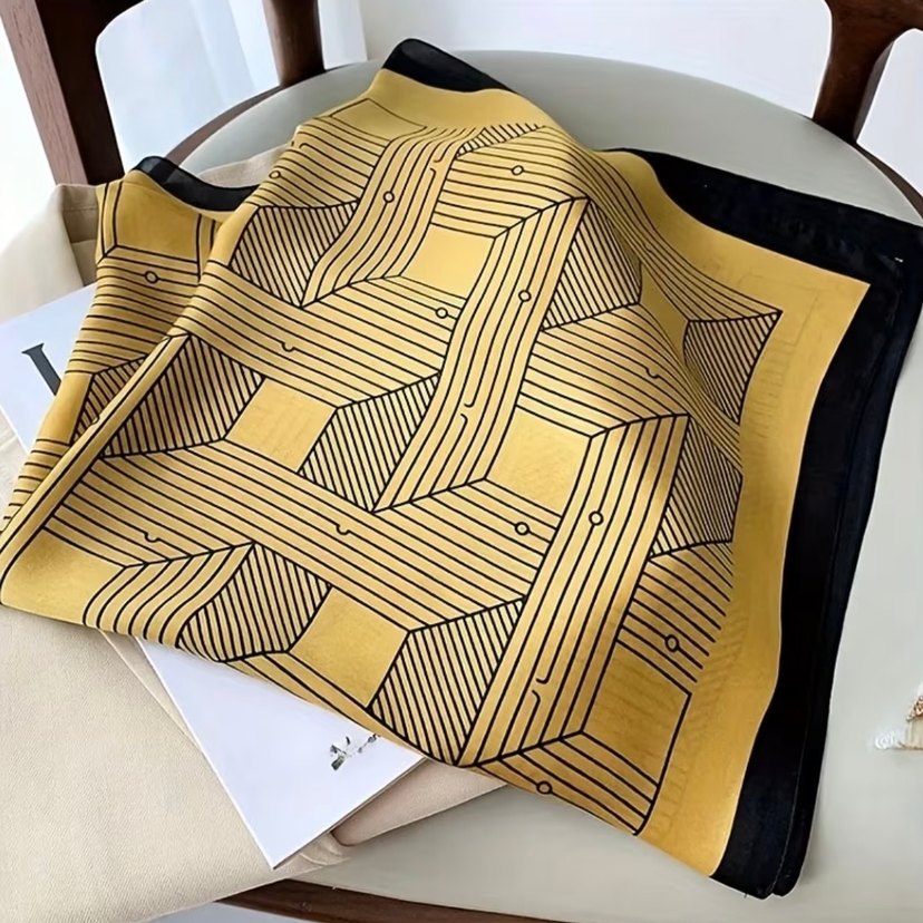 Koyu Sarı Siyah Şeritli İpeksi fular - Görsel 4