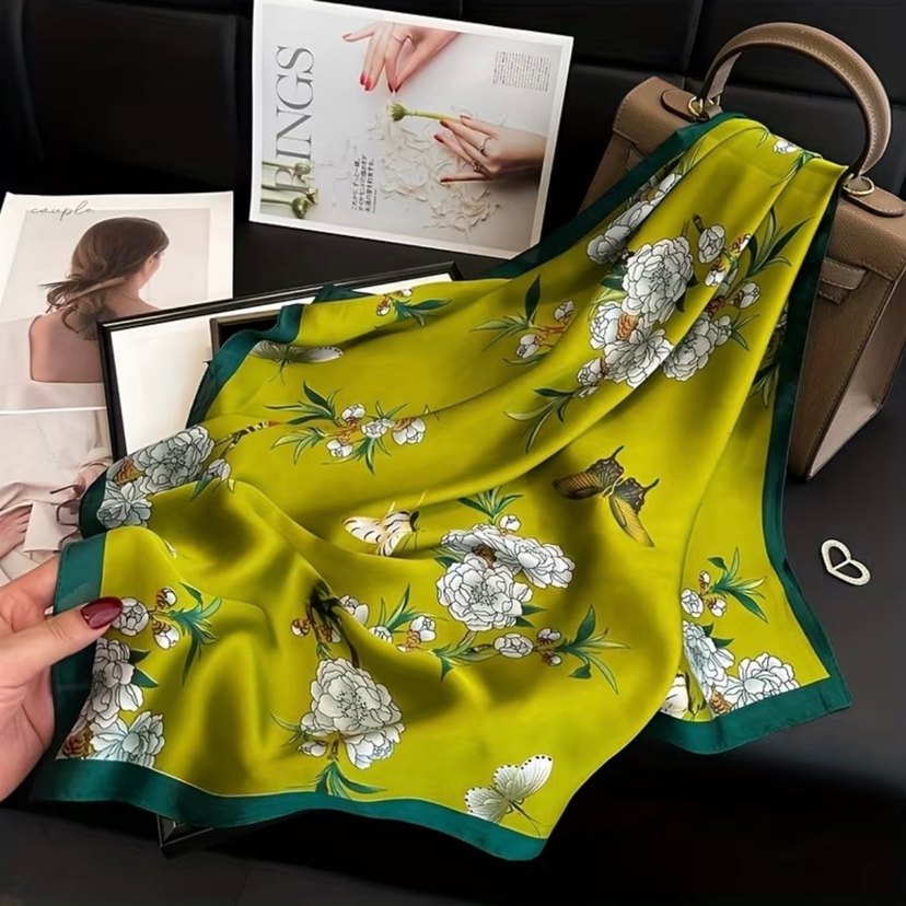 Yeşil çiçek desenli ipeksi Fular - Görsel 3