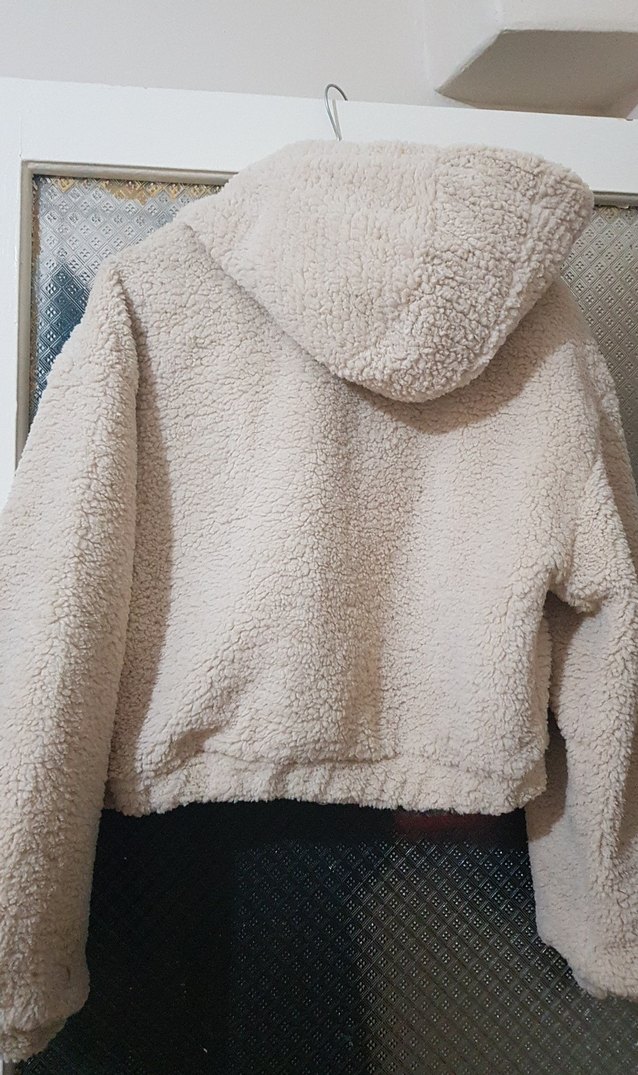 Kapüşonlu Bej Mini Peluş Ceket - Görsel 3