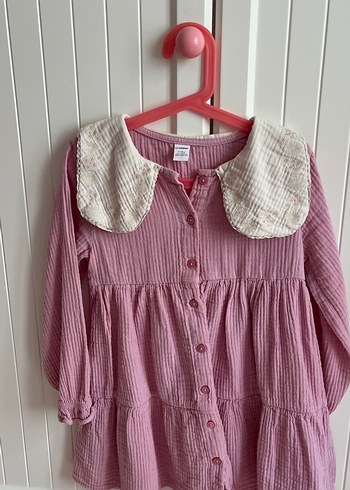 Pembe Keten Uzun Kollu Kız Elbisesi - Görsel 3