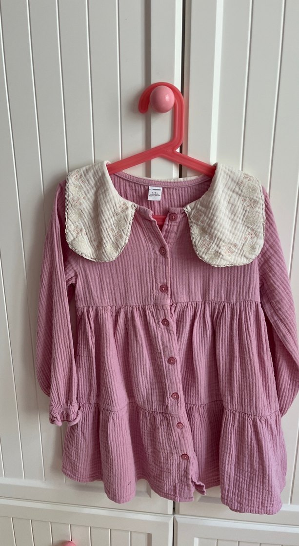 Pembe Keten Uzun Kollu Kız Elbisesi - Görsel 3