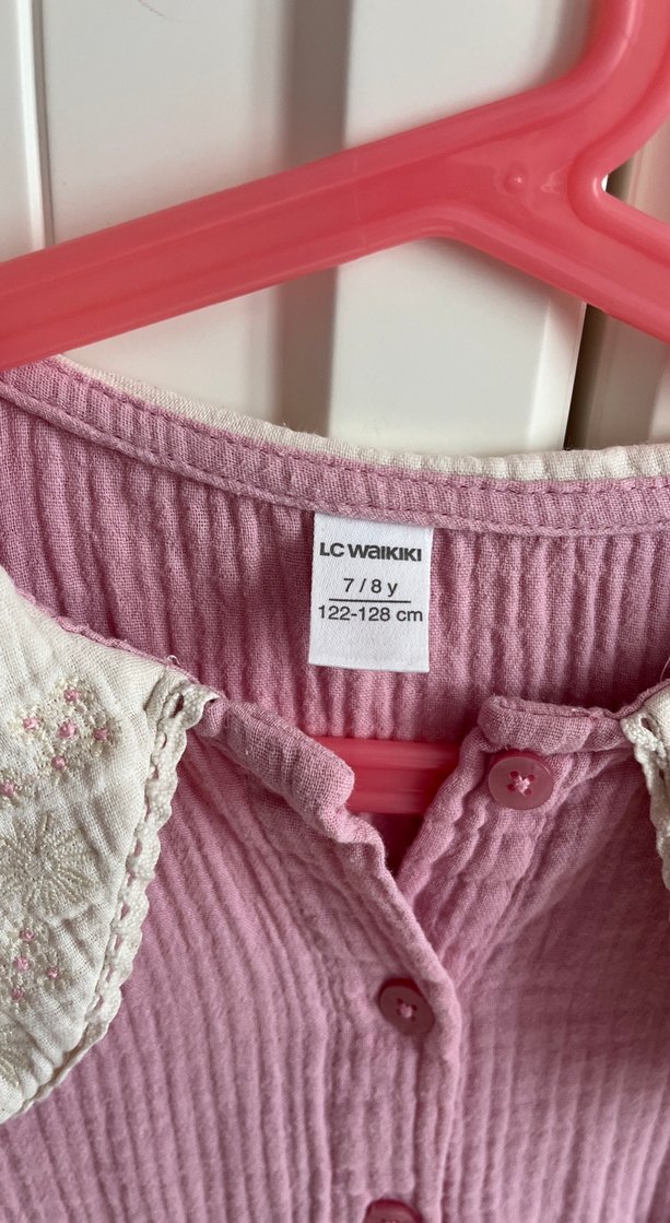 Pembe Keten Uzun Kollu Kız Elbisesi - Görsel 2